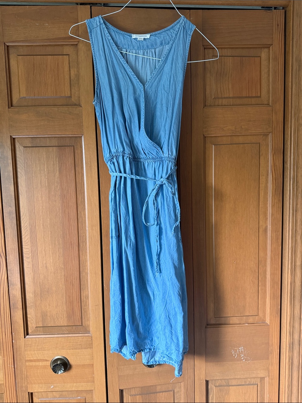 Chambray Sleeveless Wrap Midi Dress with Tie Waist